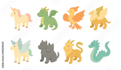 Mythical creatures icon set – unicorn, dragon, phoenix, griffin, pegasus, chimera, serpent