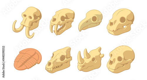 Fossil and skull icons set – mammoth, saber-tooth, dinosaur, bird, trilobite, rhino, monkey, bear
