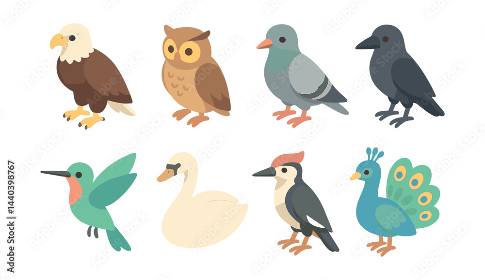 Fototapeta premium Bird icons set – eagle, owl, pigeon, crow, hummingbird, swan, woodpecker, peacock