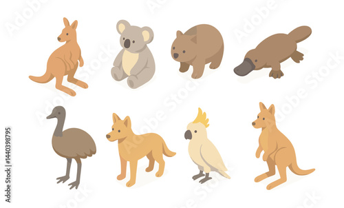 Australian wildlife icons set – kangaroo, koala, dingo, platypus, wombat, cockatoo, emu