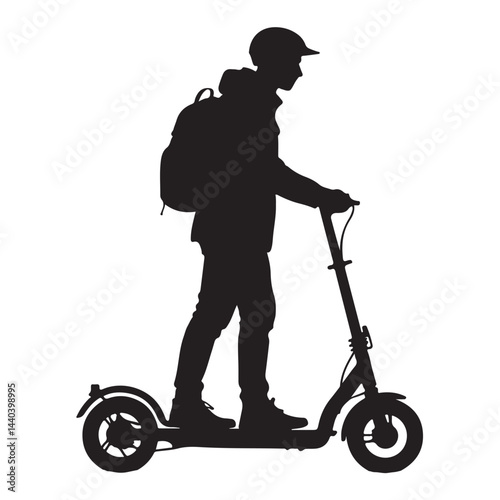 Monochrome Silhouette of Urban Commuter on E-Scooter with Backpack – Side View on White Background

