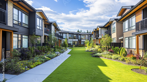 Wallpaper Mural Contemporary multifamily duplex housing with manicured landscaping and vibrant greenery Torontodigital.ca