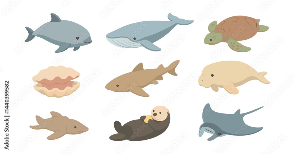 Aquatic animal icons set – dolphin, whale, turtle, clam, shark, manatee, otter, stingray Aquatic animal icons set – dolphin, whale, turtle, clam, shark, manatee, otter, stingray
