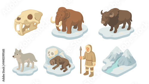 Prehistoric era icons set – mammoth, saber-tooth, bison, wolf, hunter, mountains