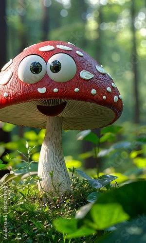 Whimsical red mushroom character smiling amidst lush green forest foliage with sunlight filtering through
