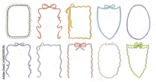 Set of hand drawn doodle border frame with bow design. Vintage ribbon bow pencil colored corner sketch. Coquette trendy cute wedding, menu, birthday invitation border card template illustration