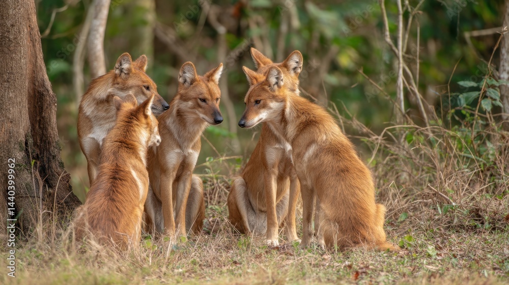 Obraz premium Dhole Pack Huddle: Indian Wild Dogs in Forest Clearing