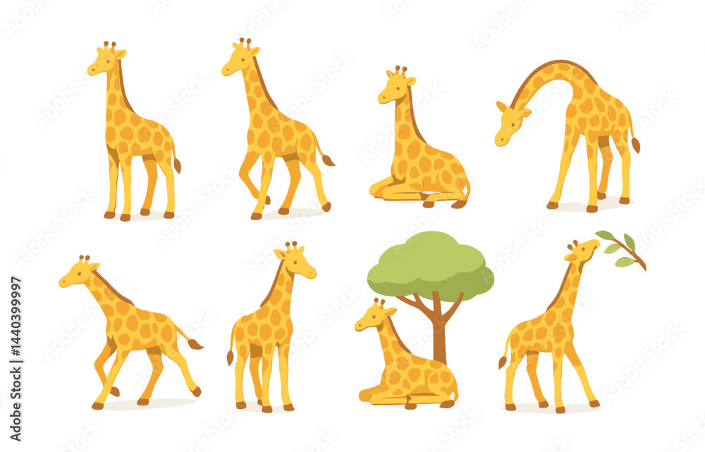 Naklejka premium Giraffe activity icons set – standing, walking, sitting, bending, tree, eating