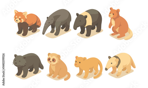 Exotic mammals icons set – red panda, anteater, tapir, bear, aardvark