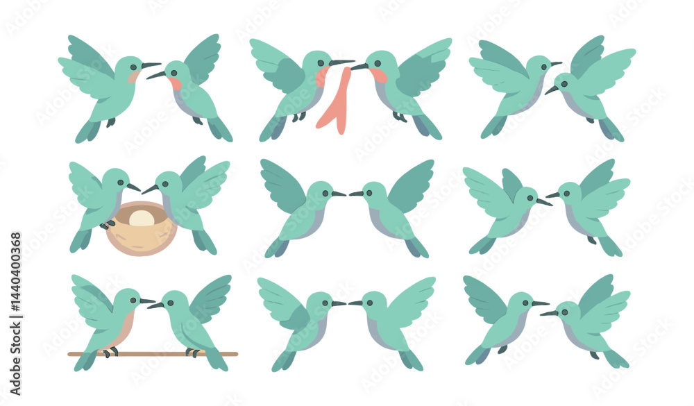 Fototapeta premium Hummingbird interaction icons set – love, nest, wings, pair, flight, branch, affection, embrace, nature, harmony
