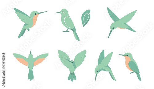 Hummingbird themed icons set – flying, perched, wings, beak, nature, birds