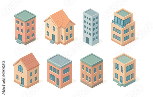 Urban building icons set – apartments, houses, skyscrapers, architecture, residential