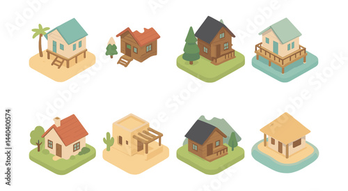 Residential house icons set – beach, cottage, cabin, modern, bungalow, rustic