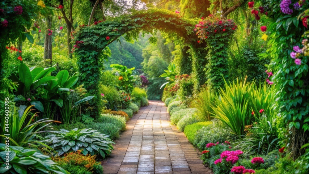 Fototapeta premium Pathway Through Lush Greenery, tranquil atmosphere, floral surroundings