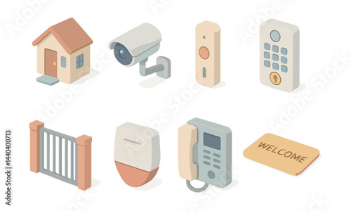 Home security icons set – house, camera, doorbell, keypad, gate, sensor, intercom, welcome mat
