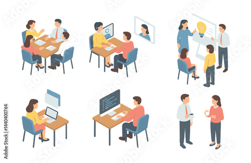 Business meeting and communication icons set – collaboration, online, presentation, discussion, brainstorming