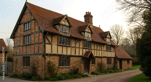 Quaint Tudor Style House Exterior With Red Tiled Roof And Brick Facade