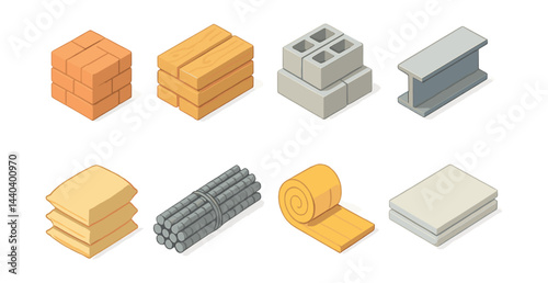 Construction materials icons set – bricks, lumber, blocks, steel, panels, rebar, insulation