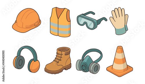 Construction safety icons set – helmet, vest, goggles, gloves, earplugs, boots, mask, cone