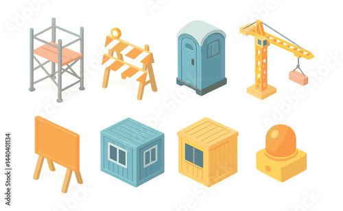 Construction site icons set – scaffolding, barrier, portable toilet, crane, billboard, cabin, light
