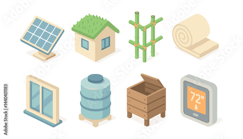Sustainable living icons set – solar, green roof, bamboo, insulation, window, water tank, composter, thermostat
