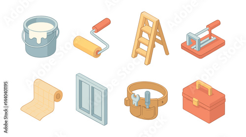 Home renovation tools icons set – paint, ladder, roller, wallpaper, toolbox, wrench, saw, belt