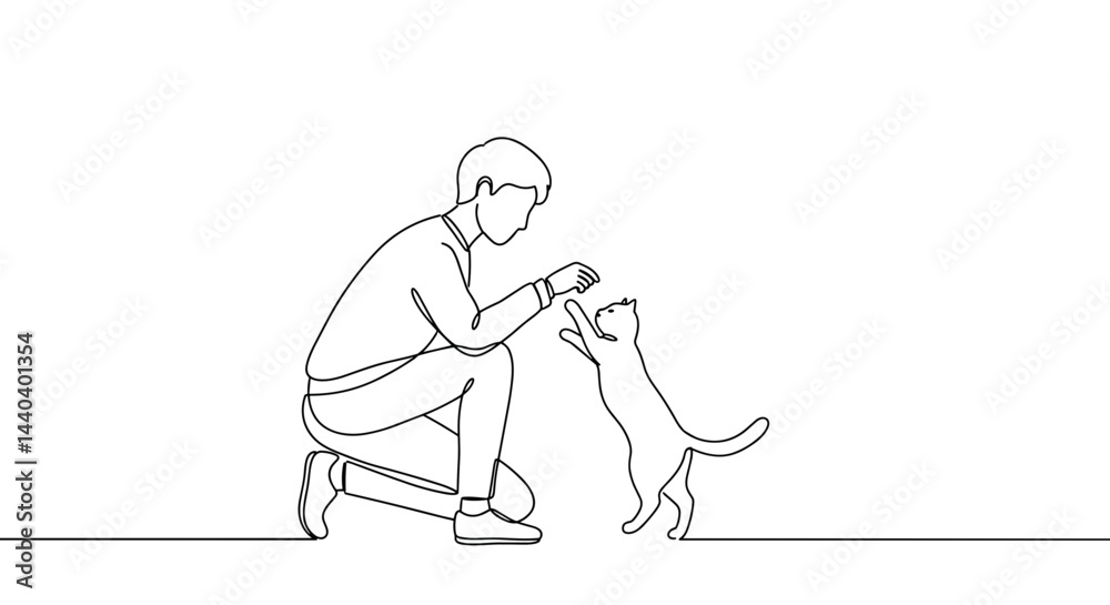 Person interacting with cat, showing affection in minimalistic style Person interacting with cat, showing affection in minimalistic style