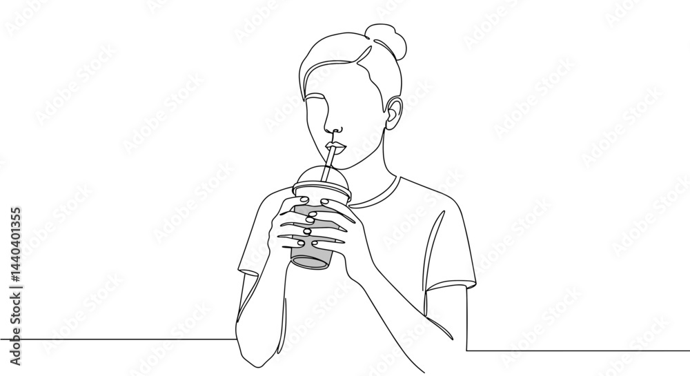 Obraz premium Woman enjoying a drink with a smile in a minimalist style 