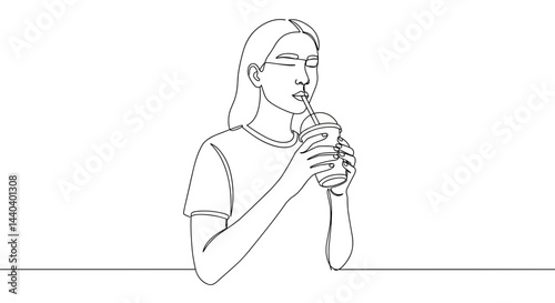 Woman enjoying a drink while smiling against a minimalist background  