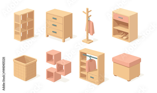 Home storage icons set – shelf, drawer, coat rack, organizer, cabinet