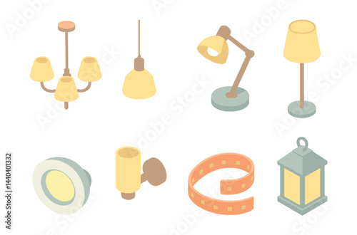 Home lighting icons set – chandelier, pendant, desk lamp, floor lamp, spotlight, wall sconce, tape light, lantern