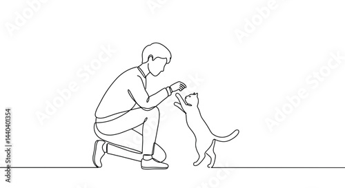 Person interacting with cat, showing affection in minimalistic style  