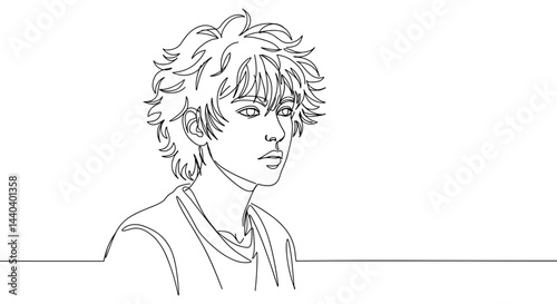 Line art of young man looking thoughtful against blank background  