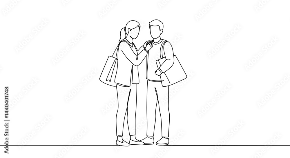 Outline illustration of a couple discussing while shopping Outline illustration of a couple discussing while shopping