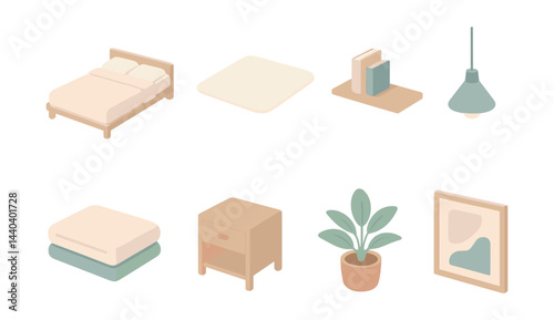 Cozy home essentials icons set – bed, rug, books, lamp, ottoman, nightstand, plant, picture