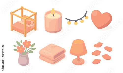 Cozy home aesthetic icons set – bed, candle, garland, heart, flowers, blanket, lamp, slippers