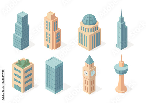 Urban architecture icons set – skyscraper, tower, clock, dome, modern, building