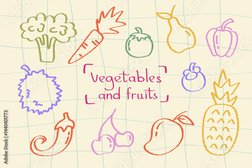 Set of fruits and vegetables hand drawn colorful doodle sketch healthy food illustration on beige background. Sketch style doodles on beige textured