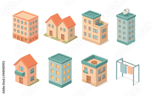Residential architecture icons set – apartments, houses, buildings, structures, real estate, urban