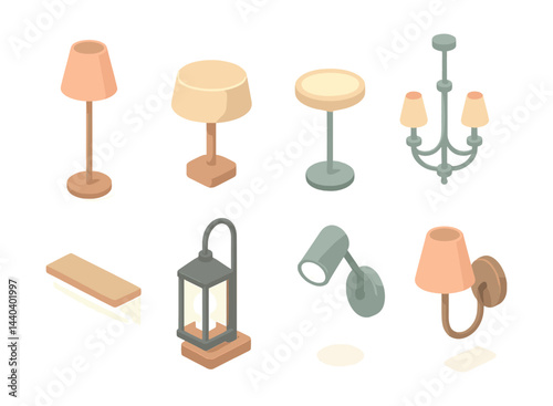 Home lighting icons set – lamp, chandelier, lantern, spotlight, wall light, floor light