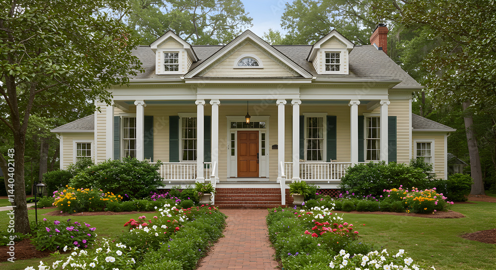 Fototapeta premium Beautiful Suburban Home With Lush Garden And Welcoming Porch