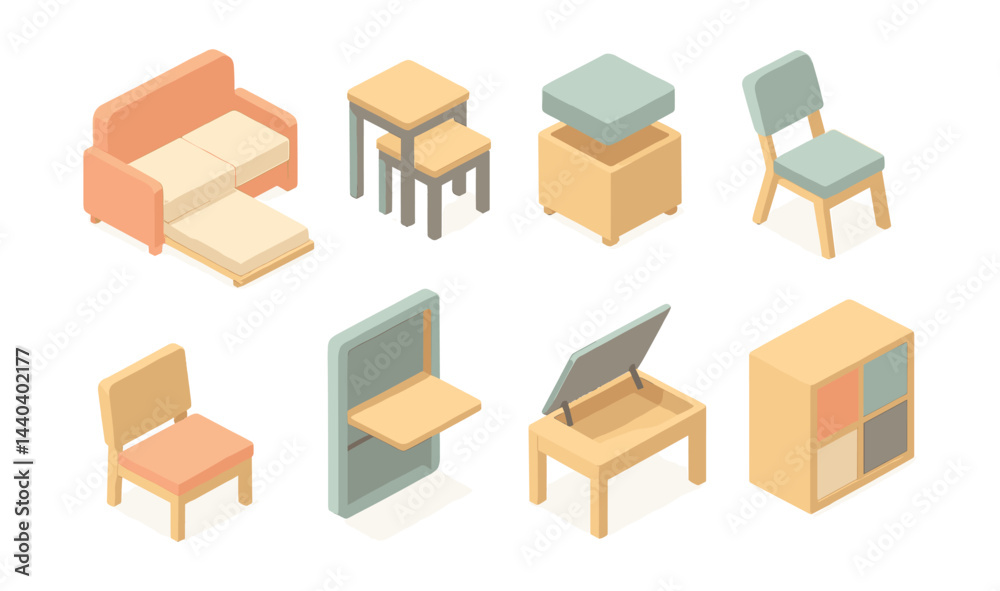 Compact home furniture icons set – sofa, nesting tables, chair, pouf, folding table, shelf Compact home furniture icons set – sofa, nesting tables, chair, pouf, folding table, shelf