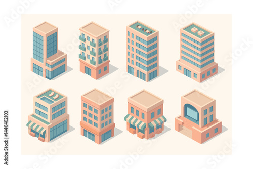 Urban architecture icons set – skyscraper, apartment, office, rooftop, building