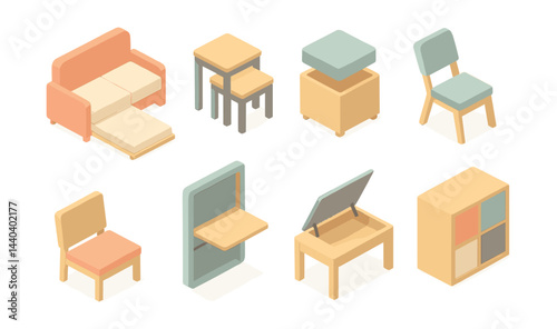 Compact home furniture icons set – sofa, nesting tables, chair, pouf, folding table, shelf