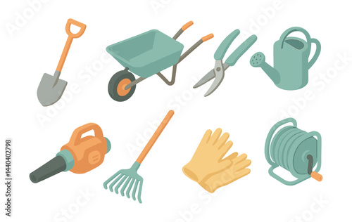 Gardening tool icons set – shovel, wheelbarrow, pruner, watering can, gloves, hose