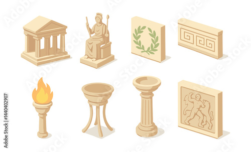 Ancient greek icon set – temple, athena, laurel, meander, torch, column, hercules