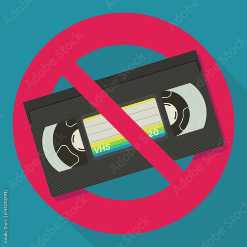 VHS videotape with a circular red strikethrough prohibition symbol on a blue background with long shadow in flat design style