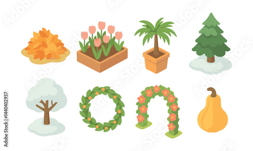 Seasonal garden elements icons set – leaves, tulips, palm, pine, snowy trees, wreath, arches, pear