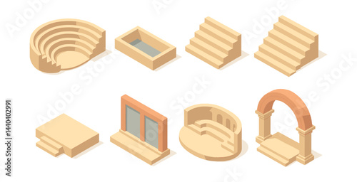 Architectural element icons set – amphitheater, pool, steps, podium, windows, arch