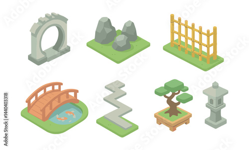 Japanese garden icons set – torii, bonsai, lantern, rock, bamboo, bridge, pond path